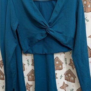 JoyLab Teal Ribbed Twist-Front Crop Top